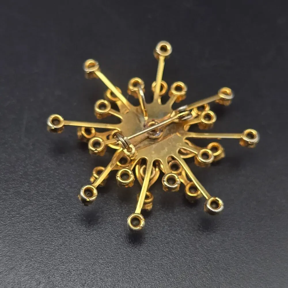 Red Rhinestone Gold Tone Star Burst Brooch Atomic MCM Vintage
